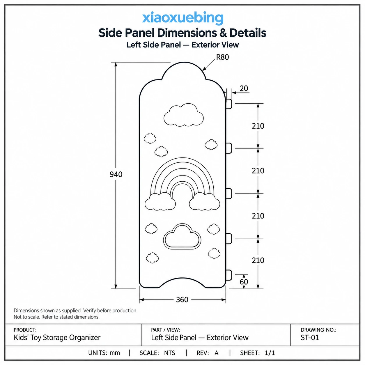 Technical drawing of a cloud and rainbow storage rack side panel